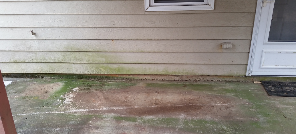 Mildew growth on a home & patio in Fayetteville, Ga. Pressure washing with proper detergents will clean this effectively and results will last longer.